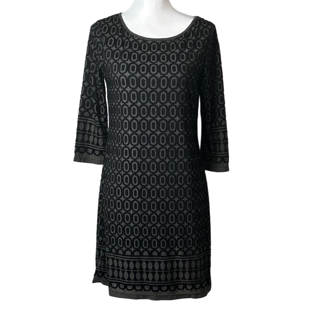 Sophie Max Women’s Black Grey Knit Geometric Rayon Blend 3/4 Sleeve Dress Sz‎ S